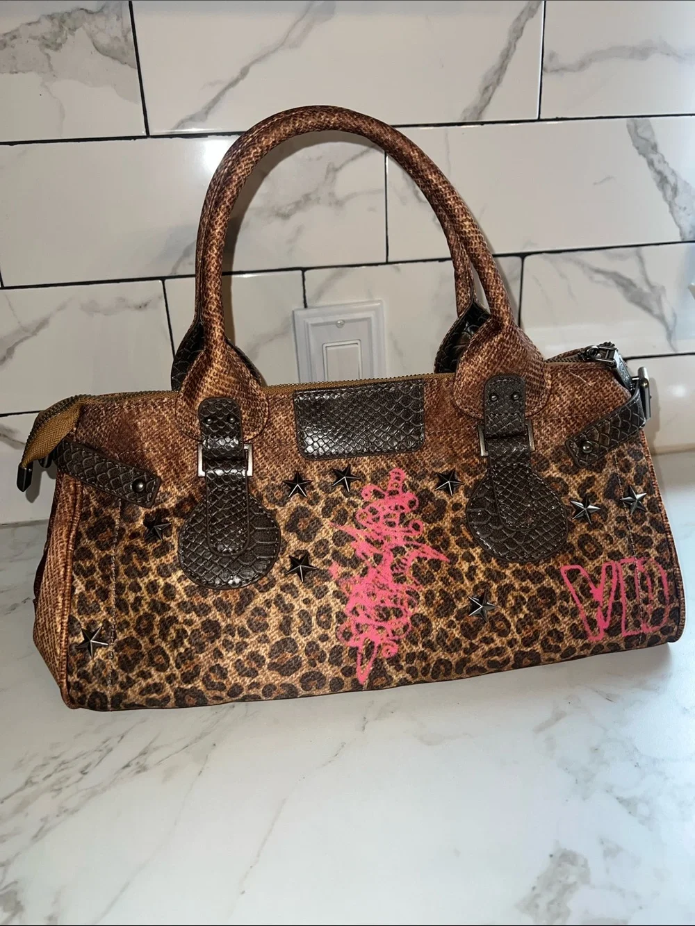Von Dutch Brown Leopard Print Satchel with Pink Script
